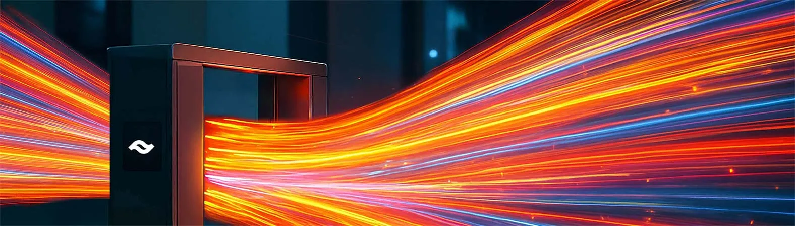 Ein dunkles Tor mit dem Gateflow-Symbol, durch das Ströme aus orangem und blauem Licht fließen