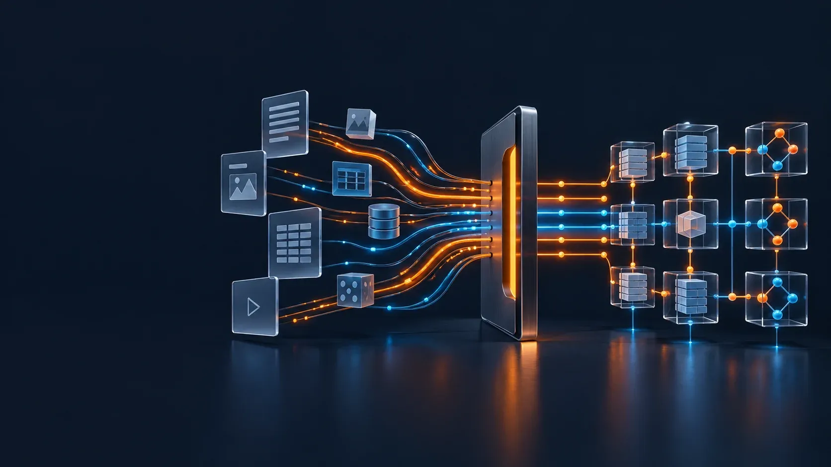 Illustration of documents and data flowing through a gate into connected, structured information