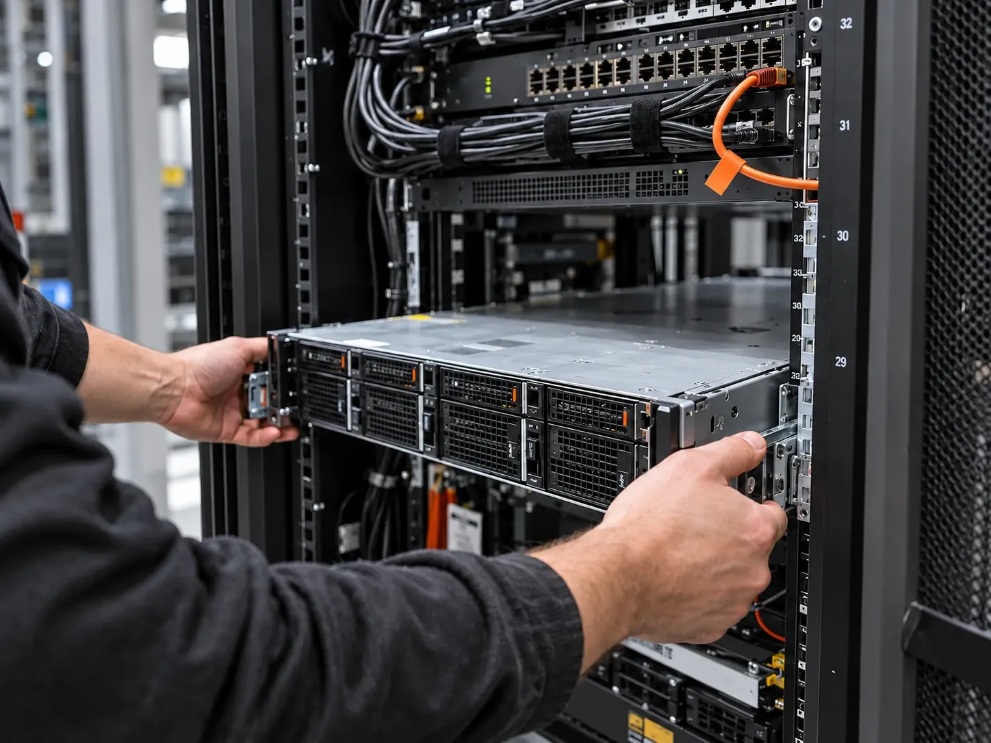 Concept image of hands installing a server in a rack with an orange cable